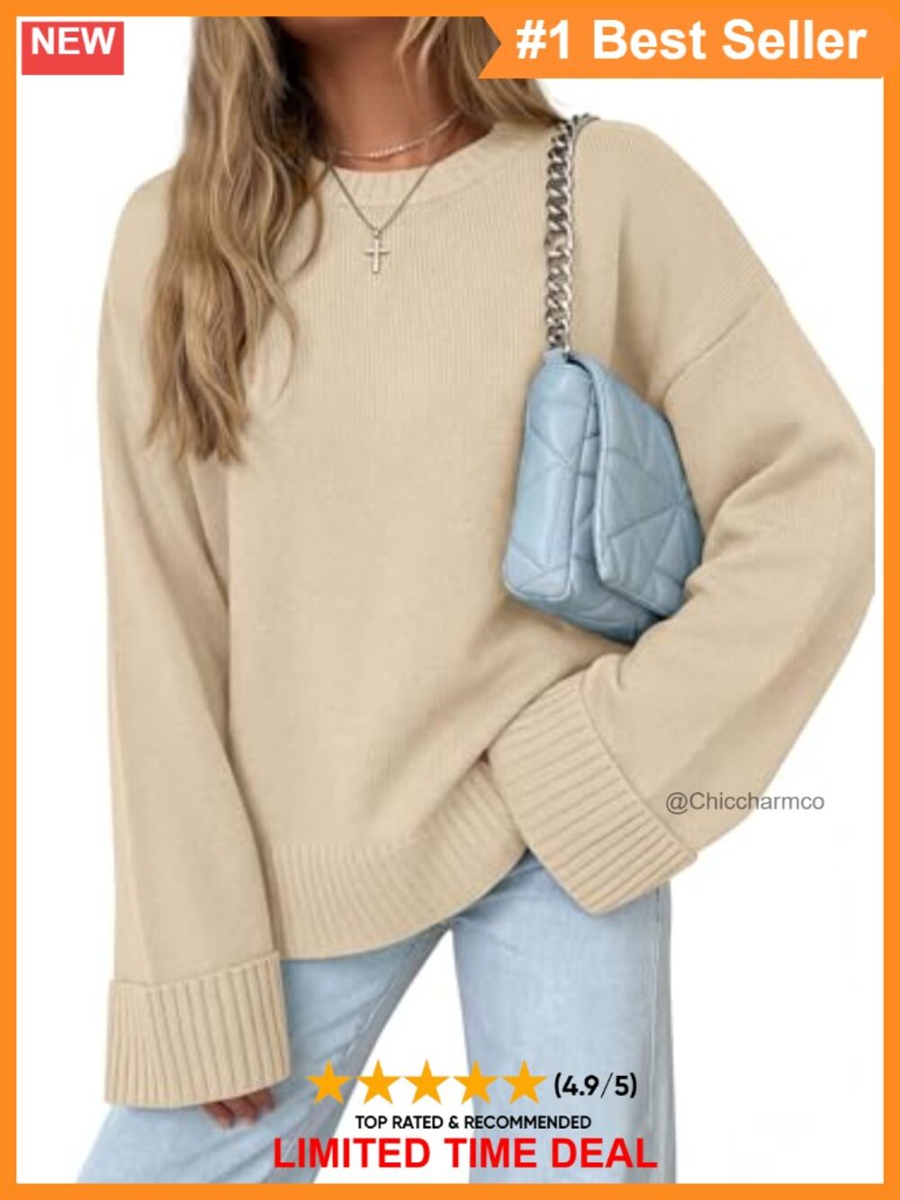 Oversized Crewneck Long Sleeve Pullover Sweater Ribbed Knit Women's Top